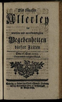 Den 26. Sept. 1752. Neun und dreysigstes Stück.