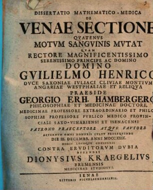 Diss. math.-med. de venae sectione, quatenus motum sanguinis mutat