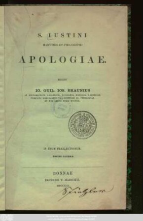 S. Iustini Martyris Et Philosophi Apologiae : In Usum Praelectionum