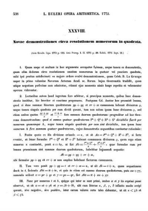 XXXVIII. Novae demonstrationes circa resolutionem numerorum in quadrata.