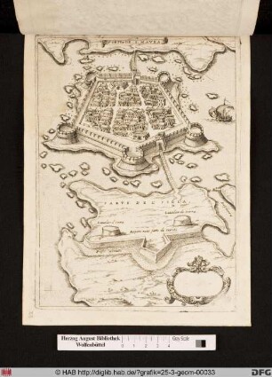 Landkarte mit perspektivischer Stadtansicht von Sancta Maura/Lefkada und Umgebung.