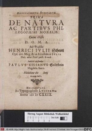 Disputationum Ethicarum Prima De Natura Ac Partibus Philosophiae Moralis