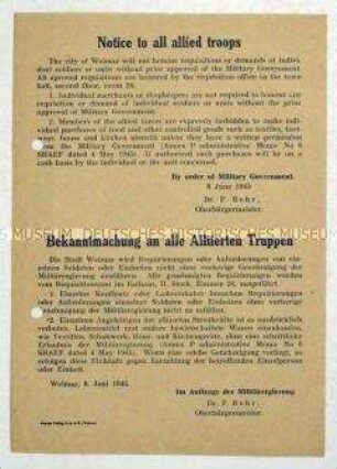 Bekanntmachung des Oberbürgermeisters von Weimar im Auftrag der Amerikanischen Militärregierung an alle Alliierten Truppen zur Regelung von Requirierungen durch Soldaten und Einheiten