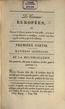 Le censeur européen, ou examen de diverses questions de droit public, et de divers ouvrages littéraires et scientifiques, considérés dans leurs rapports avec les progrès de la civilisation. 7