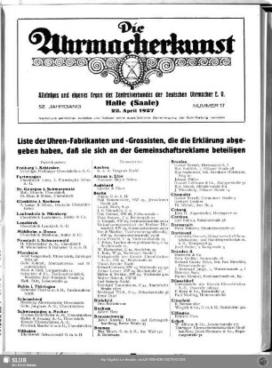 Liste der Uhren-Fabrikanten und -Grossisten, die die Erklärung abgegeben haben, daß sie sich an der Gemeinschaftsreklame beteiligen