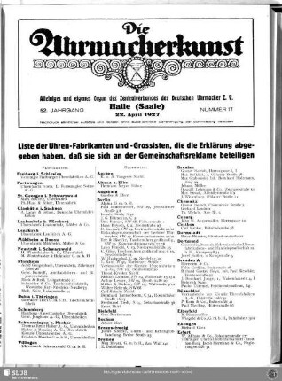 Liste der Uhren-Fabrikanten und -Grossisten, die die Erklärung abgegeben haben, daß sie sich an der Gemeinschaftsreklame beteiligen