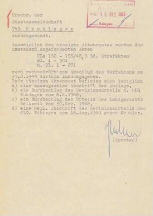 Kronenbitter, Josef, Justizangestellter, Haigerloch: Aktenauskünfte und -versendung