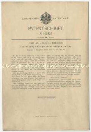 Patentschrift über Jauchepumpen mit glockenförmigem Kolben, Patent-Nr. 102420