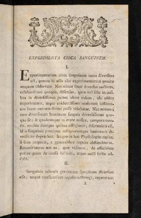 1-13, Experimenta circa Sanguinem. I. - XIV.