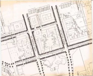 Hansjakob, Gottfried; München - Neuperlach; Ständlerstraße, Städtebauliche Neuordnung - Vogelschau mit eingezeichneten Bäumen