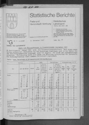 Gäste und Übernachtungen im Fremdenverkehr September 1987 : Lfd. Nr. 41
