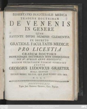 Dissertatio Inauguralis Medica Tradens Doctrinam De Venenis In Genere
