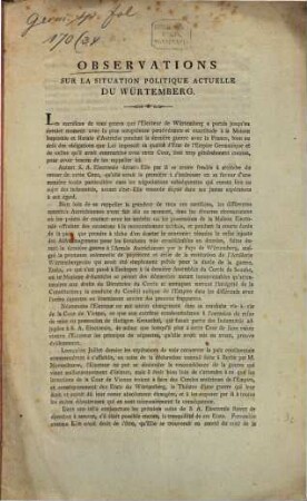 Observations sur la situation politique actuelle du Würtemberg