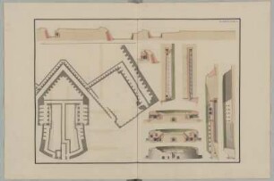 Festungsbau, idealtypische Entwürfe, Bastionärbefestigung, Grundrisse, Schnitte und Ansichten : Festungsbau, idealtypische Entwürfe, Bastionärbefestigung, Grundrisse, Schnitte und Ansichten eines Réduit, Jean de Bodt, 1701/1745. Feder, Pinsel in Wasserfarbe/Papier. 63,1 x 94,4 cm. Bez.: "PLANCHE. XXXII." Maßstab ohne Maßeinheit (50 (Rheinische Ruten)=33,7 cm). Entwurf, vgl. SLUB/HS Mscr.Dresd.i.16,Bl.32.