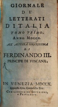 Giornale de'letterati d'Italia. 1, 1. 1710
