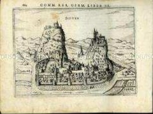 Befestigungsansicht der Stadt Sitten um 1616. Aus: Bertius, Commentariorum rerum Germanicarum Liber Tertius, S. 664.