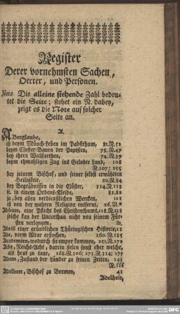 Register Derer vornehmsten Sachen, Oerter, und Personen
