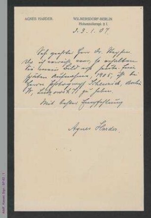 Brief von Agnes Harder an Dr. Stephan (?), hs.