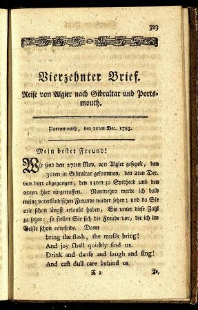 Vierzehnter Brief. Reise von Algier nch Gibraltar und Portsmouth.
