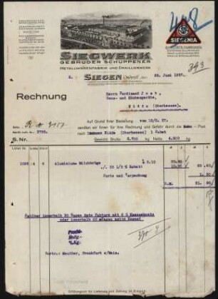 Firmenbriefkopf Siegwerk Gebr. Schuppener, Metallwarenfabrik und Emaillierwerk