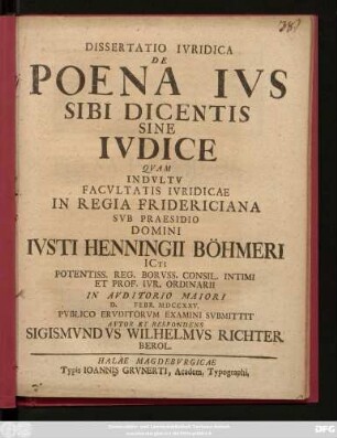 Dissertatio Ivridica De Poena Ivs Sibi Dicentis Sine Ivdice