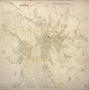 Plan von Leipzig mit Höhenfestpunkten, 1:10 000, Lithographie, 1913 : Plan von Leipzig : [Überdruck] Übersichtsplan der Höhenfestpunkte, 3. Aufl. 1913 / bearbeitet vom Vermessungsamt des Rates der Stadt Leipzig. - Nachgetr. bis Ende Juni 1912, 2. Aufl.. - 1:10 000. -Leipzig ; Berlin : Giesecke & Devrient , 1913. - 1 Kt. : zweifarb. ; 121 x 120 cm, gef.