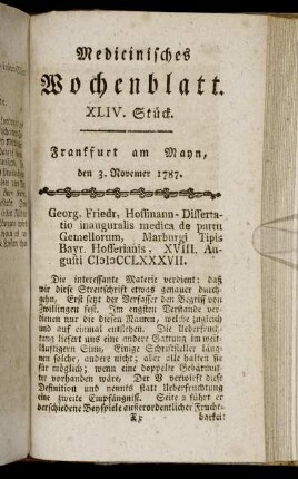 XLIV. Stück. Frankfurt am Mayn, den 3. November 1787. - XLVII. Stück. Frankfurt am Mayn, den 24. November 1787.