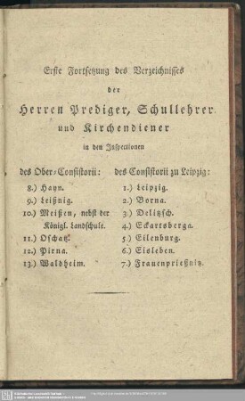 Erste Fortsetzung des Verzeichnisses der Herren Prediger, Schullehrer und Kirchendiener in den Inspectionen ...