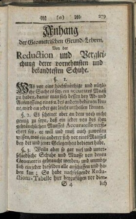 Anhang der Geometrischen Grund-Lehren, Von der Reduction und Vergleichung derer vornehmsten und bekandtesten Schuhe.