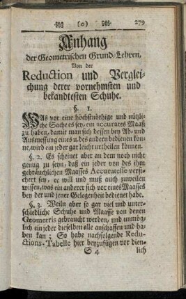Anhang der Geometrischen Grund-Lehren, Von der Reduction und Vergleichung derer vornehmsten und bekandtesten Schuhe.