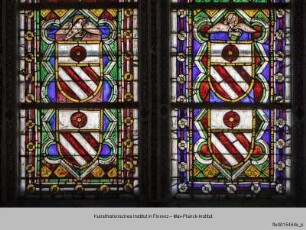 Fenster B-IX, B-VIII und B-VII der Nikolauskapelle : Fenster B-VIII: Präsentation der Orsini-Brüder : Wappen