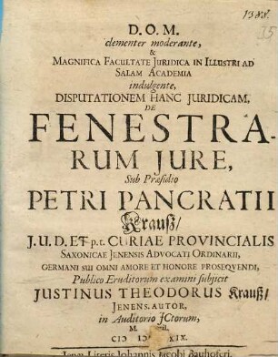 ... Disputationem Hanc Juridicam, De Fenestrarum Jure