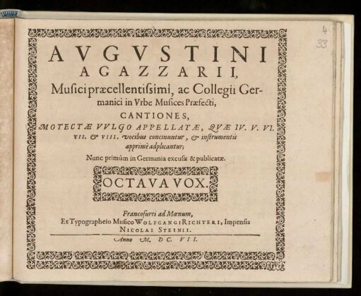 Agostino Agazzari: Cantiones, motectae vulgo appellatae ... IV. V. VI. VII. et. VIII. vocibus ... Octava Vox