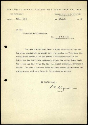 M. Wegner an DAI Athen