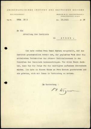 M. Wegner an DAI Athen