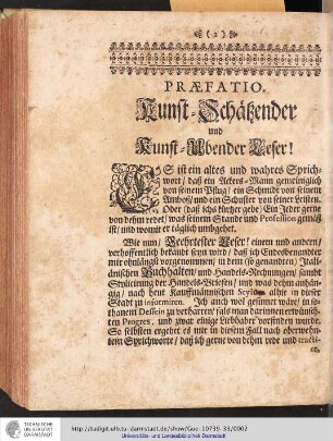 Praefatio. Kunst-Schätzender und Kunst-Ubender Leser