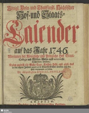 1746: Königlich-Polnischer und Churfürstlich-Sächsischer Hoff- und Staats-Calender
