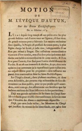 Motion de M. l'évêque d'Autun, sur les biens ecclésiastiques : Du 10. Octobre 1789