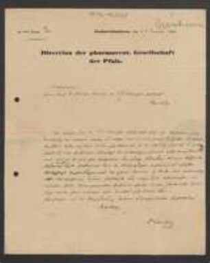 Brief von Johann Eduard Herberger von Pharmaceutische Gesellschaft der Pfalz an August Emanuel Fürnrohr