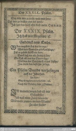 Der XXXIX. Psalm. Ich hab mir fürgesetzt, [et]c.