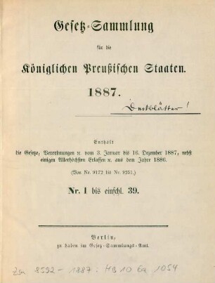 1887: Gesetzsammlung für die Königlich-Preußischen Staaten