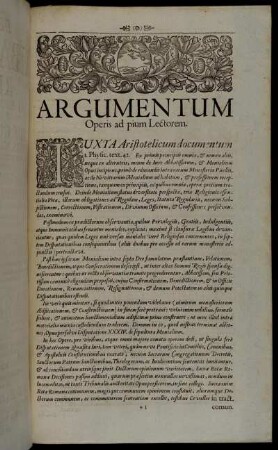Argumentum Operis ad pium Lectorem.