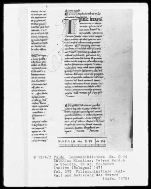 Antonius Minutius, Petrus Baldus de Ubaldis, De usu feudorum — Initiale I (gitur), Folio 237 recto