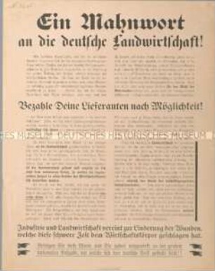 Flugblatt mit der Aufforderung an die Landwirte, ihren Zahlungsverpflichtungen nachzukommen