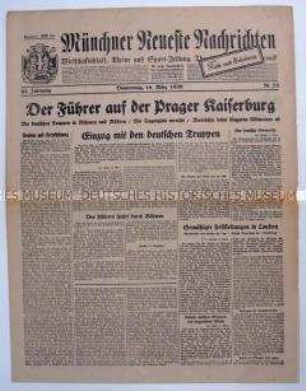Tageszeitung "Münchner Neueste Nachrichten" zur Besetzung der Tschechei