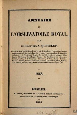Annuaire de l'Observatoire Royal de Bruxelles. 35, 35. 1868. - 1867