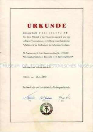 Anerkennungsurkunde für einen Neuerervorschlag