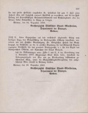 112. Ministerial-Bekanntmachung, die Ausführung des Gesetzes vom 28. Dezember 1883, den Malzaufschlag im Vordergericht Ostheim betreffend