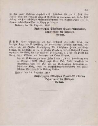 112. Ministerial-Bekanntmachung, die Ausführung des Gesetzes vom 28. Dezember 1883, den Malzaufschlag im Vordergericht Ostheim betreffend