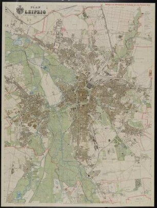 Plan von Leipzig, 1: 10 000, Lithographie, 1916 : Plan von Leipzig / bearb. vom Vermessungsamt des Rates der Stadt. - 14. Aufl. - 1:10 000. - Leipzig : Giesecke und Devrient, 1916. - 1 Kt. : mehrfarb. Lithogr. ; 89 x 120 cm. - Nachträge bis Ende Juni 1915
